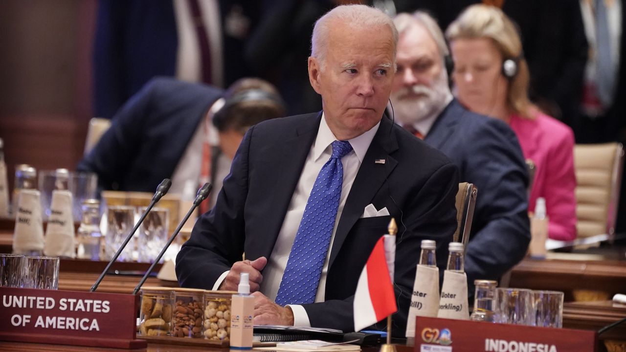 U.S. President Joe Biden listens to the opening remarks of Indian prime minister Narendra Modi during the first session of the G20 Summit, in New Delhi, India, Saturday, Sept. 9, 2023. (AP Photo/Evan Vucci,Pool)
