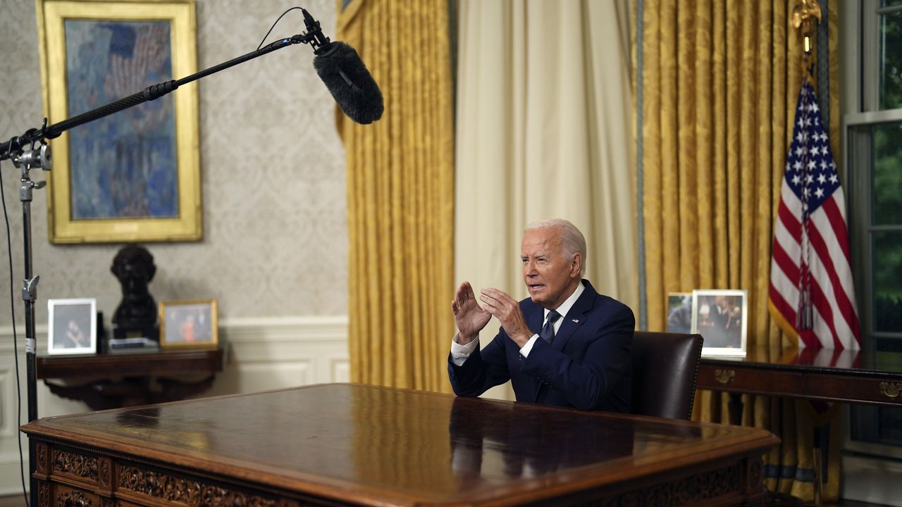 President Joe Biden addresses the nation from the Oval Office of the White House in Washington, Sunday, July 14, 2024, about the assassination attempt of Republican presidential candidate former President Donald Trump at a campaign rally in Pennsylvania. (Erin Schaff/The New York Times via AP, Pool)