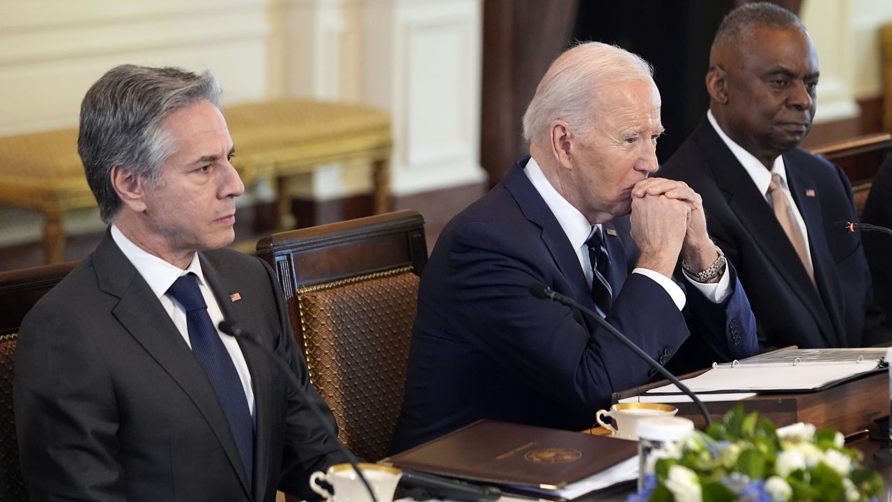 President Joe Biden listens with Secretary of State Antony Blinken and Defense Secretary Lloyd Austin as he meets with Polish President Andrzej Duda and Polish Prime Minister Donald Tusk in the East Room of the White House, Tuesday, March 12, 2024, in Washington. (AP Photo/Andrew Harnik)