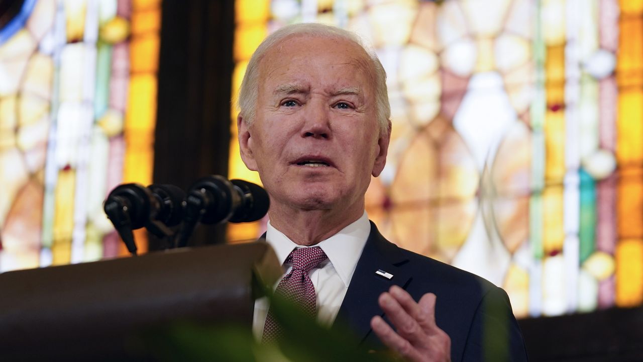 President Joe Biden delivers remarks at Mother Emanuel AME Church in Charleston, S.C., Monday, Jan. 8, 2024, where nine worshippers were killed in a mass shooting by a white supremacist in 2015. (AP Photo/Stephanie Scarbrough)