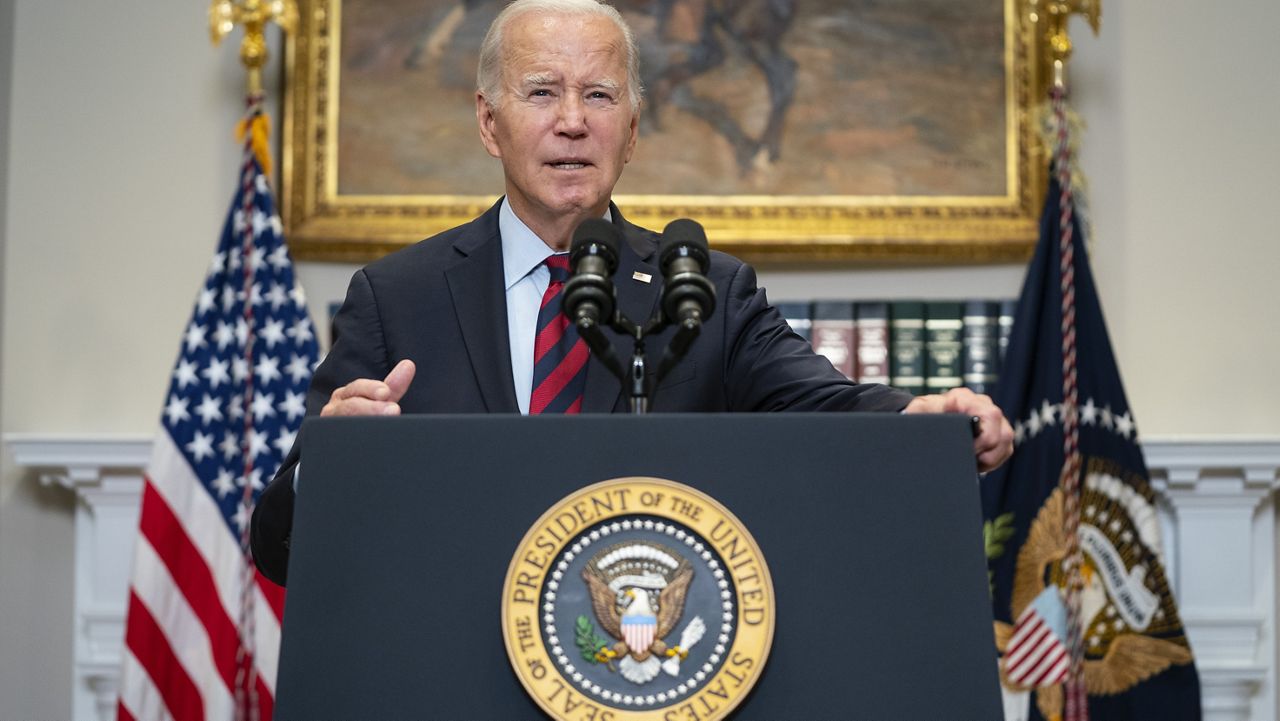 President Joe Biden talks with reporters after delivering remarks on student loan debt forgiveness, in the Roosevelt Room of the White House, Wednesday, Oct. 4, 2023, in Washington. (AP Photo/Evan Vucci)