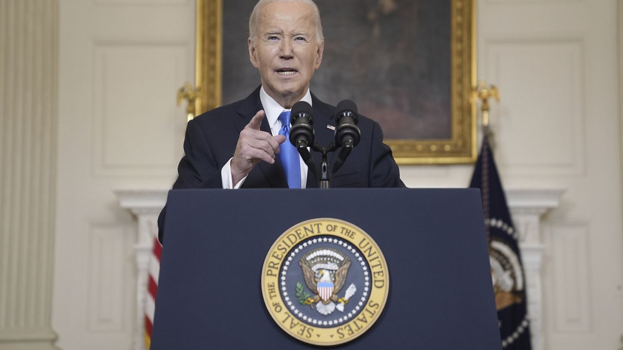 President Joe Biden delivers remarks on a $95 billion Ukraine Israel aid package being debated in Congress, in the State Dining Room of the White House, Tuesday, Feb. 13, 2024, in Washington. (AP Photo/Evan Vucci)