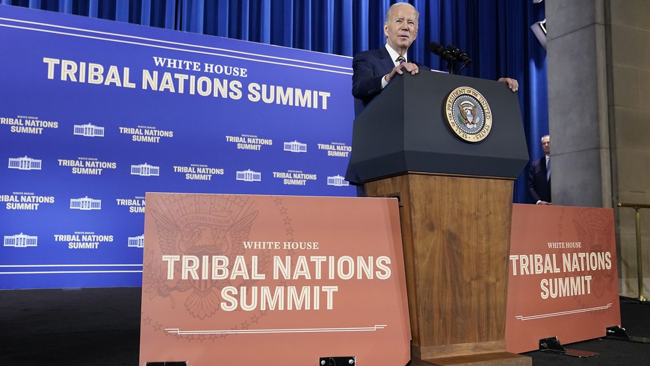 President Joe Biden speaks at the White House Tribal Nations Summit at the Department of the Interior in Washington, Wednesday, Nov. 30, 2022. (AP Photo/Patrick Semansky)