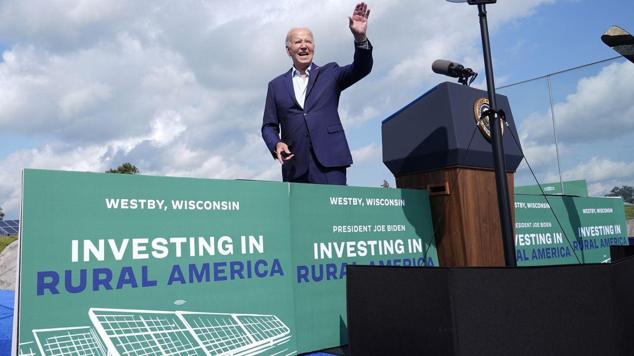 President Joe Biden waves as he departs after speaking during a visit to Vernon Electric in Westby, Wis., Thursday, Sept. 5, 2024. Biden is in Wisconsin to promote his Investing in America agenda. (AP Photo/Susan Walsh)