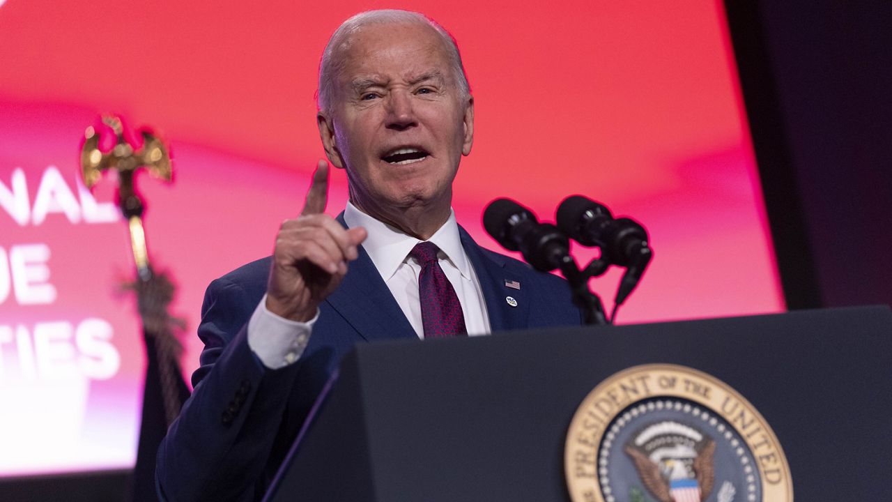 President Joe Biden speaks at the National League of Cities at the Marriott Marquis, Monday, March 11, 2024, in Washington. (AP Photo/Andrew Harnik)