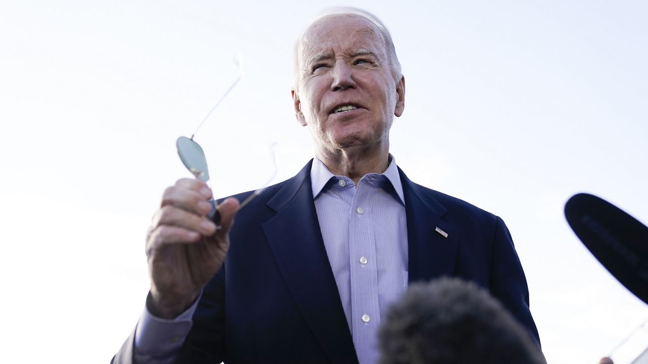 President Joe Biden speaks to the media before boarding Air Force One at Pueblo memorial Airport in Pueblo, Colo., Wednesday, Nov. 29, 2023, to travel back to Washington. (AP Photo/Andrew Harnik)