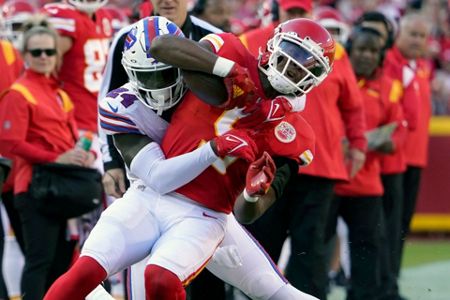 Buffalo Bills defensive tackle DaQuan Jones on the sidelines during the  second half of an NFL football game against the Kansas City Chiefs, Sunday,  Oct. 16, 2022 in Kansas City, Mo. (AP