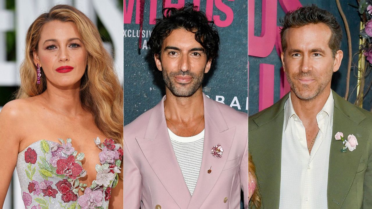 This combination of images shows Blake Lively at the London screening of the film "It 'Ends With Us" on Aug. 8, 2024, left, and Justin Baldoni, center, and Ryan Reynolds in separate photos at the world premiere of the film in New York on Aug. 6, 2024. (AP Photo)