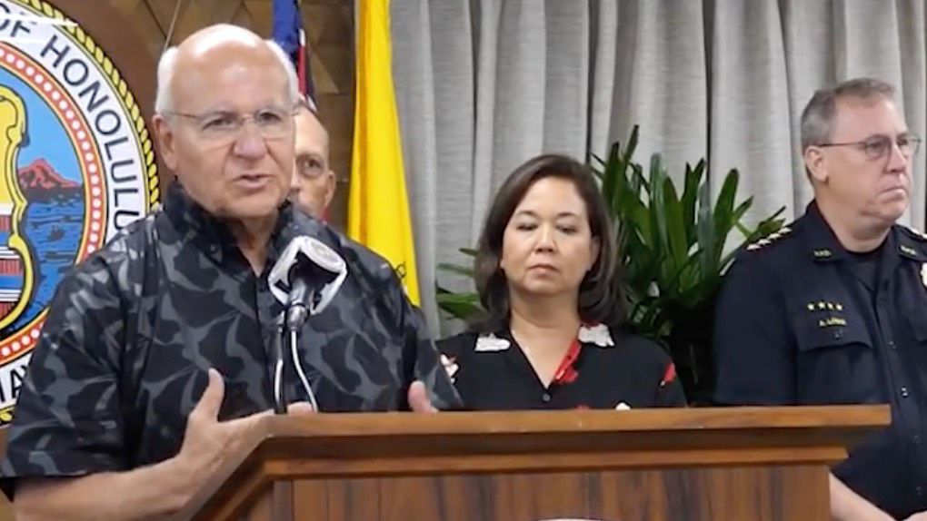 Honolulu Mayor Rick Blangiardi (left), U.S. Rep. Jill Tokuda and Honolulu police chief Joe Logan were among county, state and federal leaders who appeared at a Friday news briefing to announce a new coordinated effort to address gun violence on the Leeward Coast. (Mayor Rick Blangiardi Facebook video capture)