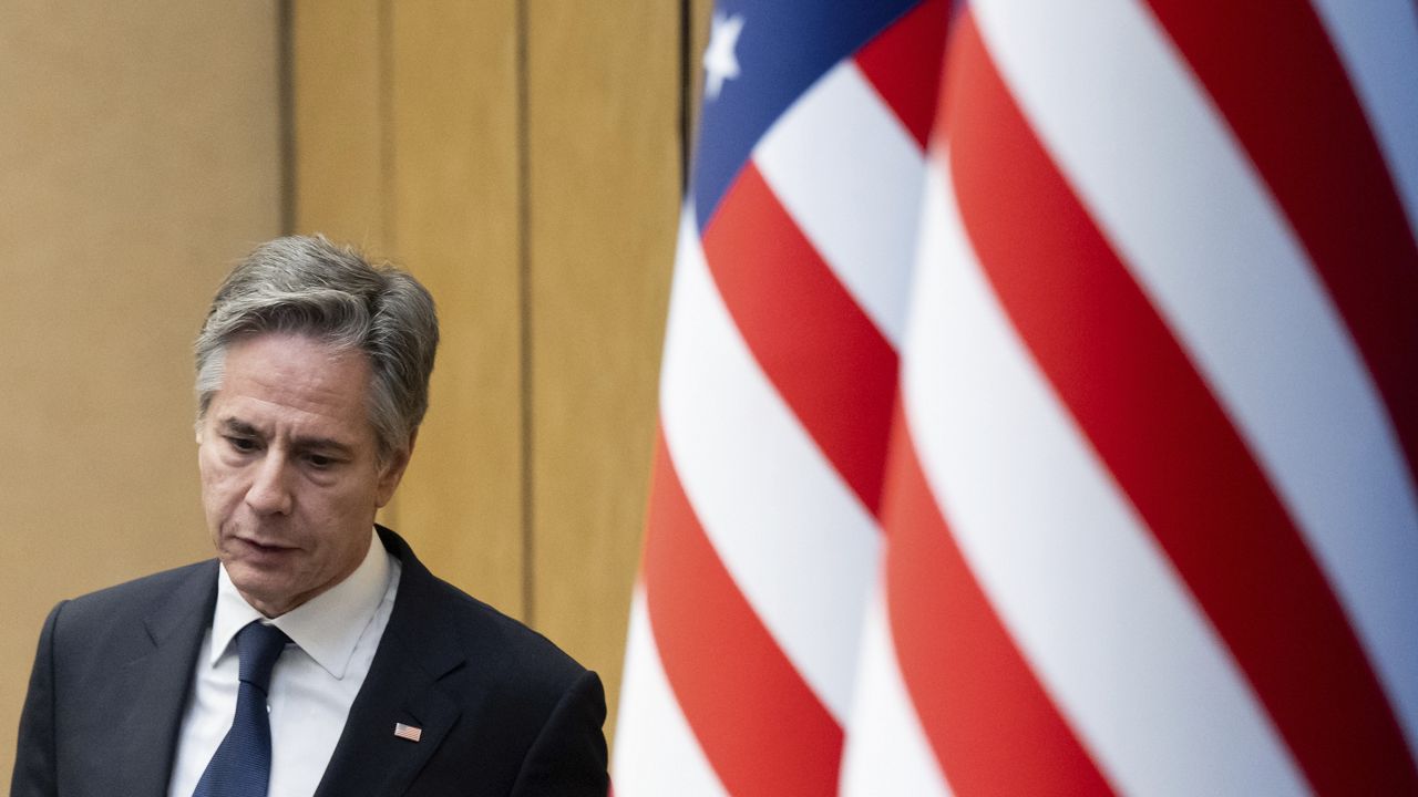 US Secretary of State Antony Blinken speaks during a press conference in Tel Aviv, Israel, Thursday, Nov. 30, 2023. Blinken on November 30 urged Israel to create safe zones for Palestinian civilians in Gaza before it resumes "major military operations" in the Hamas-ruled territory. (Saul Loeb/Pool Photo via AP)