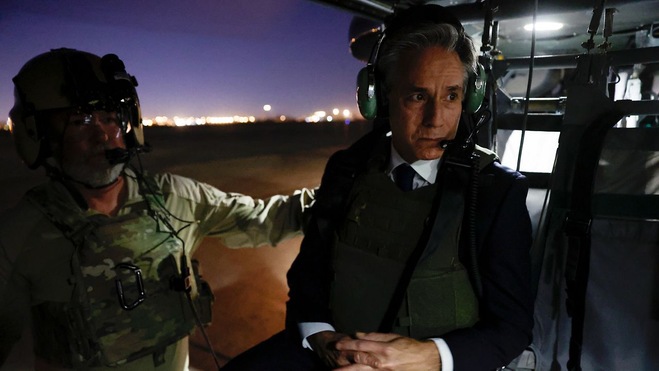 U.S. Secretary of State Antony Blinken departs the International Zone via helicopter after meeting Iraqi Prime Minister Mohammed Shia al-Sudani in Baghdad, Iraq, Sunday Nov. 5, 2023. Blinken flew to Baghdad for talks with Iraqi Prime Mohammed Shia al-Sudani as American forces in the region face a surge of attacks by Iranian-allied militias in Iraq and elsewhere. (Jonathan Ernst/Pool via AP)