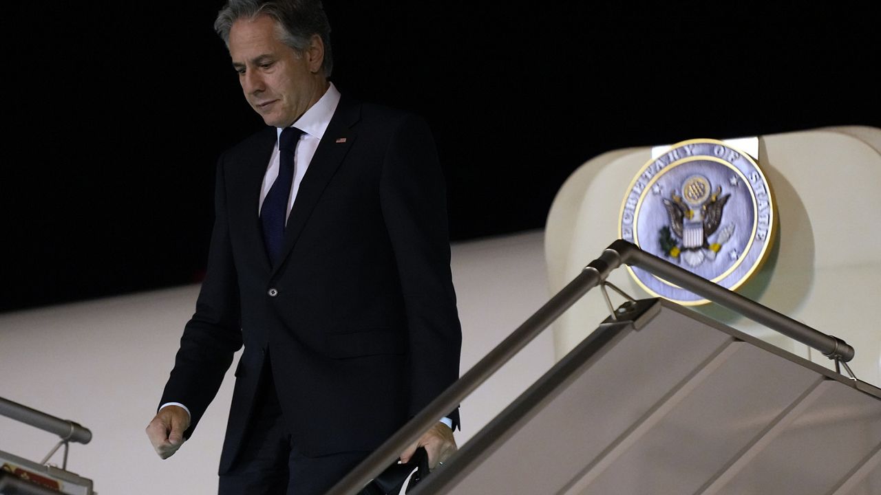 U.S. Secretary of State Antony Blinken arrives in Riyadh, Saudi Arabia, Friday Oct. 13, 2023, after stops in Jordan, Qatar, and Bahrain in the same day. (AP Photo/Jacquelyn Martin, Pool)