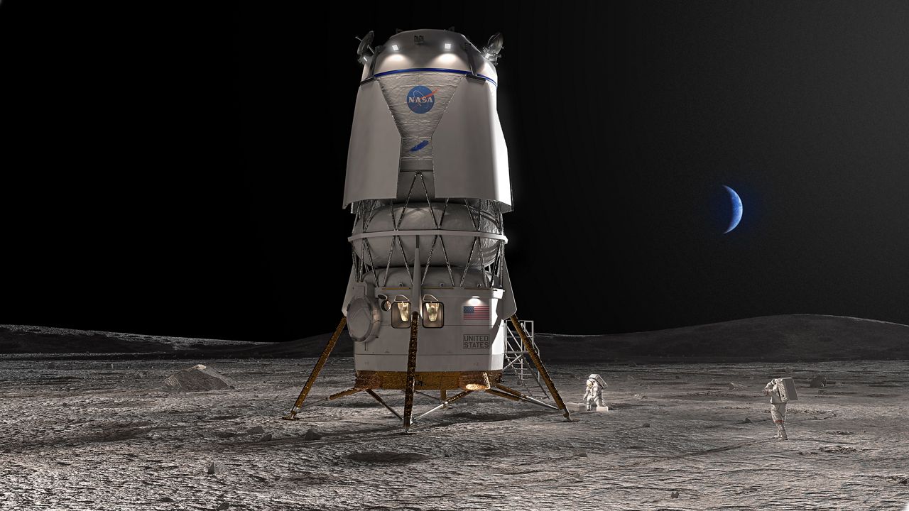 An artist's rendering of the Blue Origin Blue Moon lander that will be used on the Artemis V mission targeting no earlier than 2029. (Blue Origin)