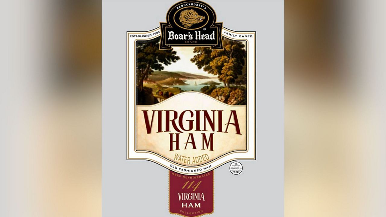 This image released by the Food Safety and Inspection Service, an agency of the United States Department of Agriculture, shows the product label for Boar's Head Virginia Ham meat. (FSIS/USDA via AP)