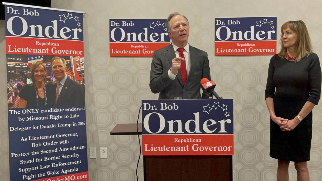 Former State Sen. Bob Onder, joined by his wife Allison, launched a 2024 Republican primary bid for Missouri Lt. Governor Monday at a news conference in Richmond Heights, Mo. (Spectrum News/Gregg Palermo)