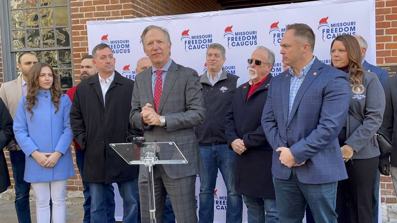 Former State Sen. Bob Onder, R-Lake St. Louis, speaking to reporters at a St. Charles event launching the Missouri Freedom Caucus on Jan. 5, 2024. (Spectrum News/Gregg Palermo)