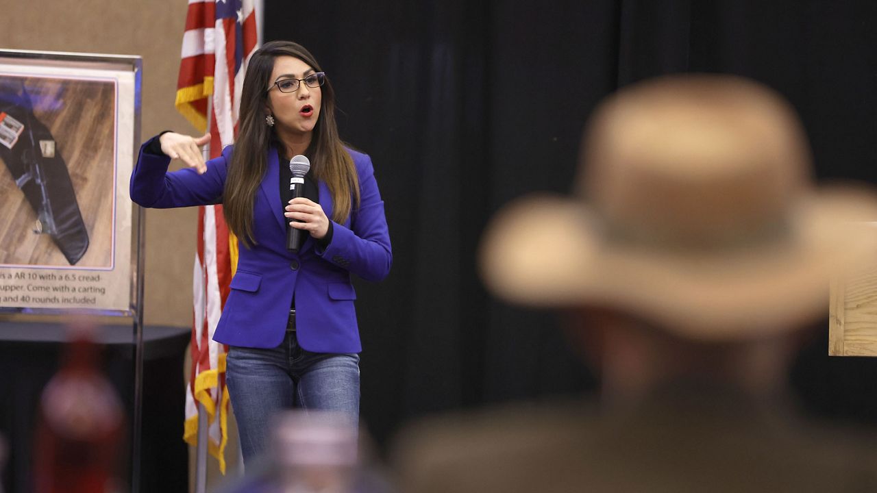 FILE - Rep. Lauren Boebert, R-Colo., delivers her speech at the Montezuma County Lincoln Day Dinner at the Ute Mountain Casino Hotel, Saturday, Oct. 28, 2023, in Towaoc, Colo. (AP Photo/Jerry McBride)