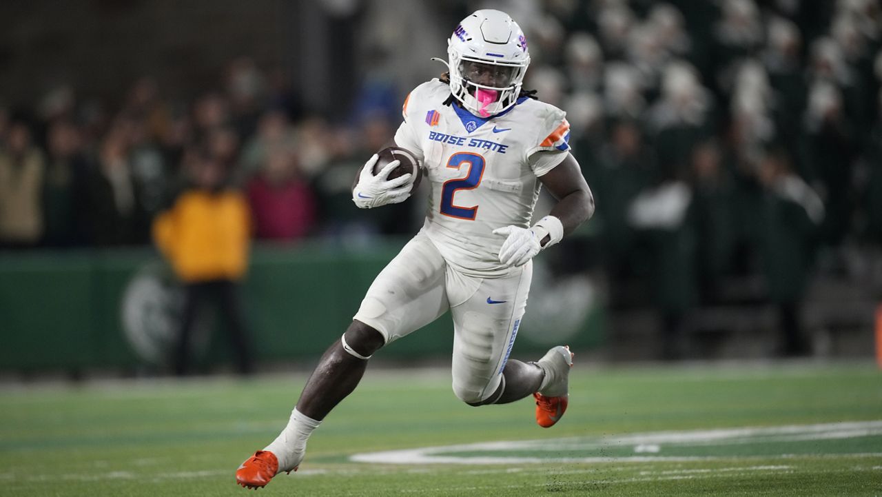 Boise State running back Ashton Jeanty seen against Colorado State on Oct. 14, helped the Broncos to the 2023 Mountain West championship on Saturday with 153 rushing yards and a touchdown against UNLV at Allegiant Stadium. 