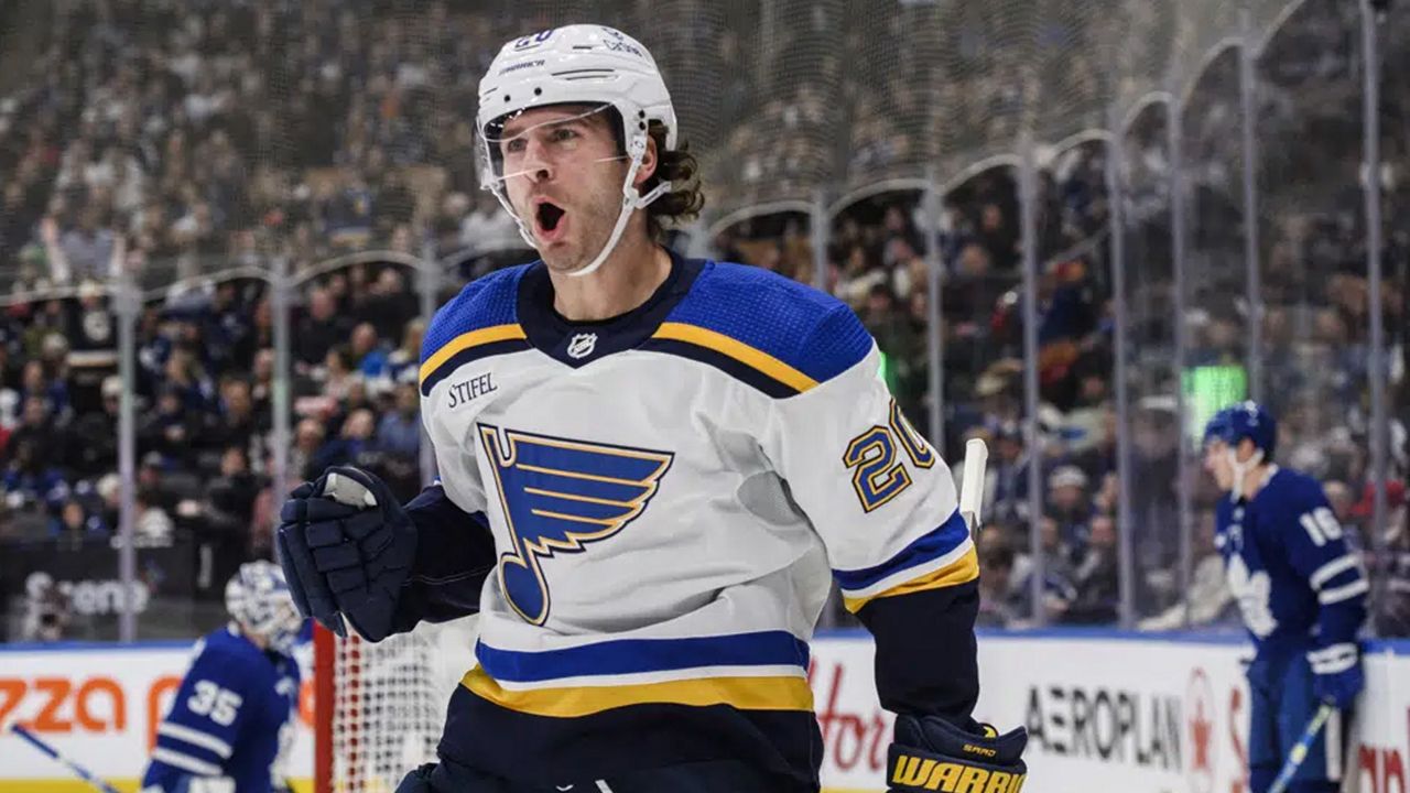 St. Louis Blues left wing Brandon Saad (20) celebrates after scoring against the Toronto Maple Leafs during the first period of an NHL hockey game Tuesday, Jan. 3, 2023, in Toronto. (Christopher Katsarov/The Canadian Press via AP)