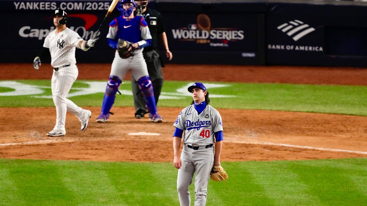 Los Angeles Dodgers pitcher Brent Honeywell react after New York Yankees' Gleyber Torres hits three-run home run during the eighth inning in Game 4 of the baseball World Series, Tuesday, Oct. 29, 2024, in New York. (AP Photo/Frank Franklin II)