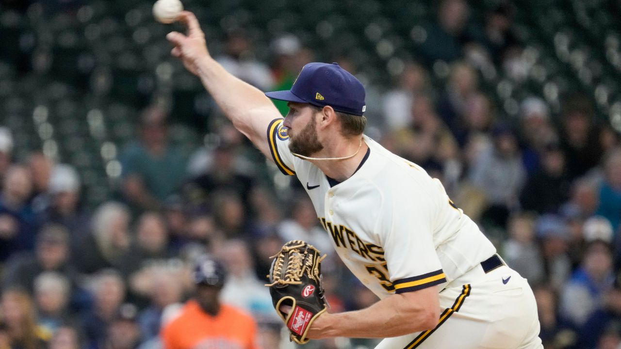 Milwaukee Brewers starting pitcher Adrian Houser throws during the first inning of a baseball game against the Houston Astros Wednesday, May 24, 2023, in Milwaukee. (AP Photo/Morry Gash)