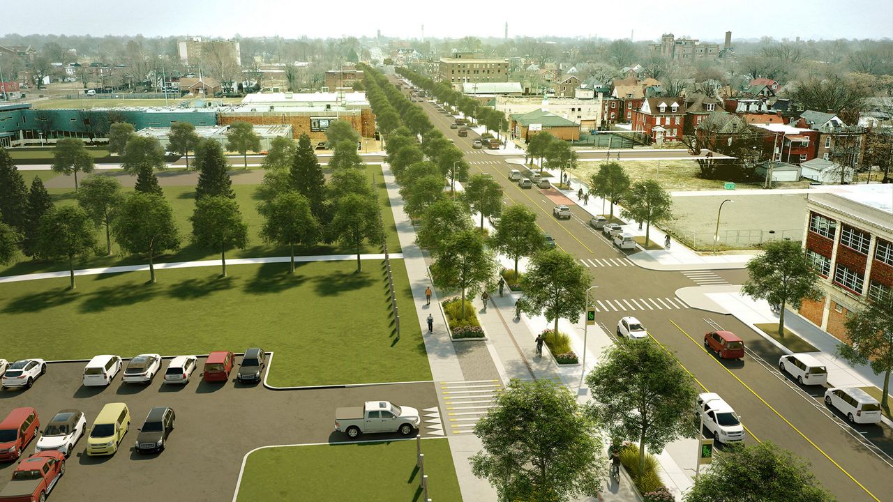 Pictured is a rendering of the first 1.3-mile segment of the Brickline Greenway North Connector, which will break ground early next spring in north St. Louis. (Rendering courtesy of Great Rivers Greenway)