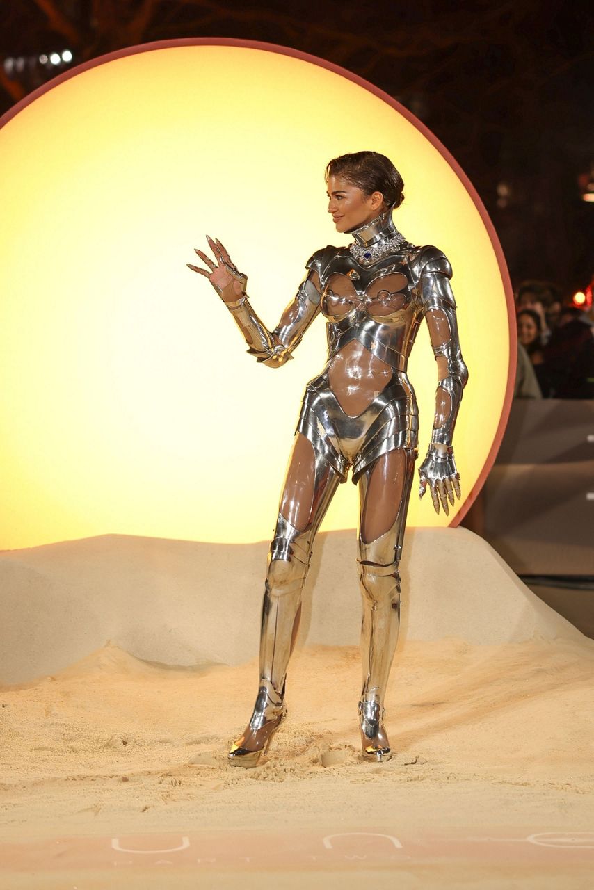 Zendaya Stuns At Dune Part Two World Premiere In Vintage Silver Cyborg Suit By Mugler