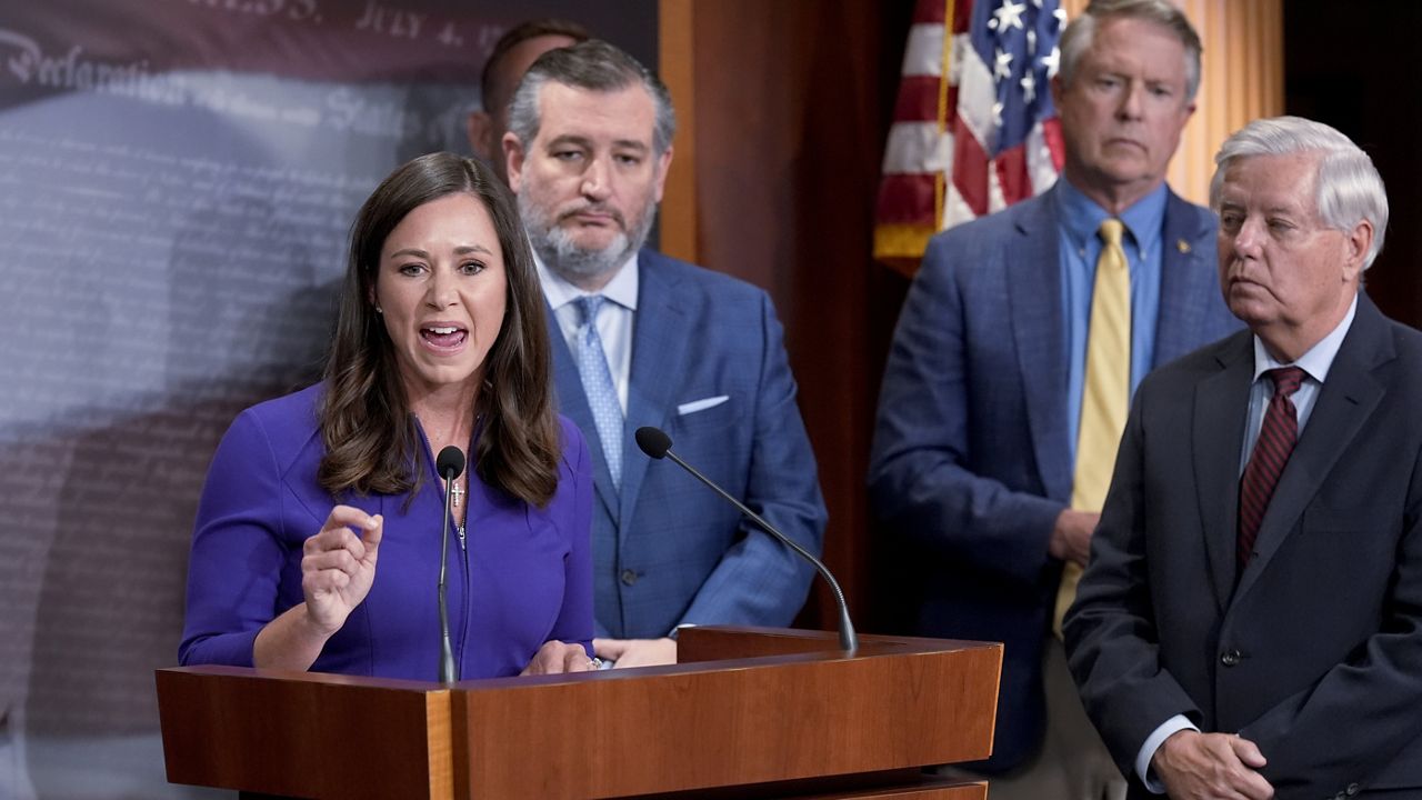FILE - Sen. Katie Britt, R-Ala., from left, joined by Sen. Ted Cruz, R-Texas, Sen. Roger Marshall, R-Kan., and Sen. Lindsey Graham, R-S.C., during a news conference at the Capitol in Washington, Thursday, May 9, 2024. (AP Photo/J. Scott Applewhite)