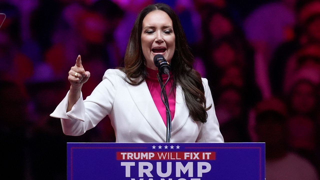 Brooke Rollins speaks before Republican presidential nominee former President Donald Trump speaks at a campaign rally at Madison Square Garden, Sunday, Oct. 27, 2024, in New York. (AP Photo/Evan Vucci)