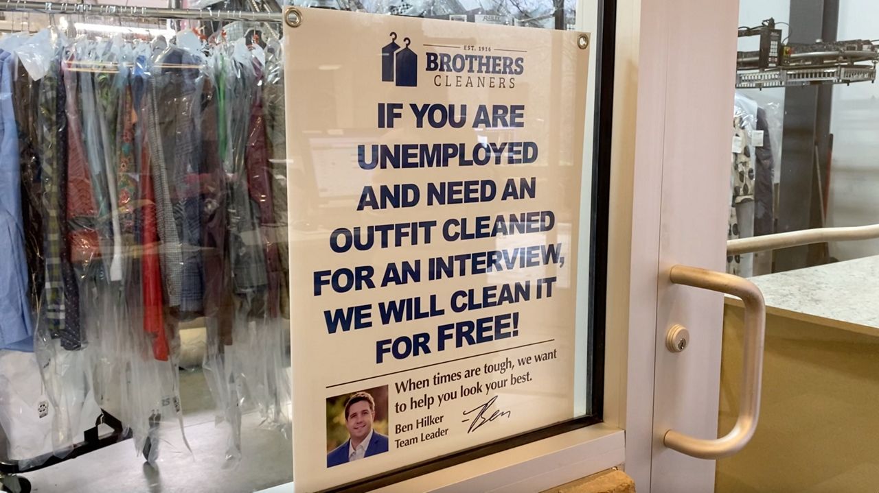 Brothers Cleaners has a sign in their window offering to dry clean an interview outfit, for free, for people who are unemployed.