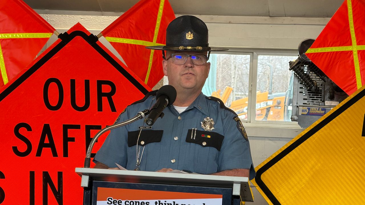 Lt. Bruce Scott of the Maine State Police urges drivers to slow down in construction zones. (Spectrum News/Susan Cover)