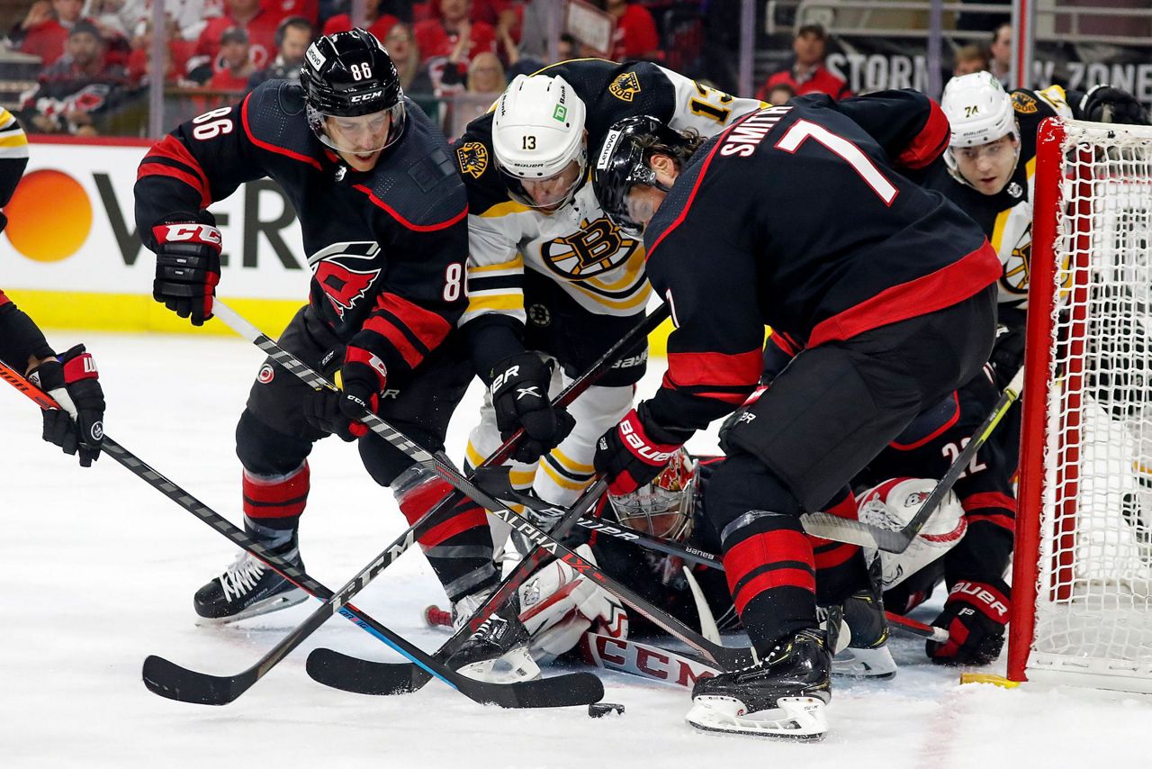 Carolina Hurricanes' Nino Niederreiter (21) shoots the puck in