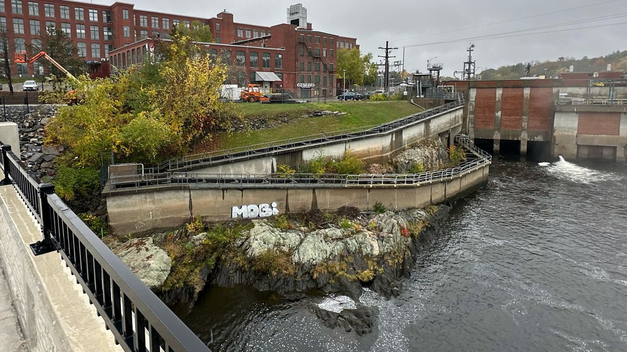 One of the fishways in place at the Brunswick Hydroelectric Station, commonly known as the Brunswick Dam, seen from the Frank J. Wood Bridge on Tuesday. (Spectrum News/Sean Murphy)