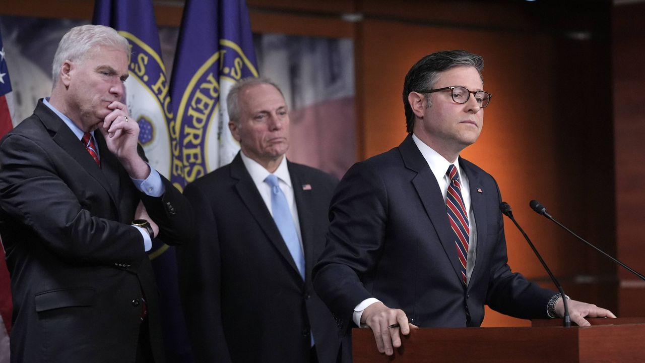 Speaker of the House Mike Johnson, R-La., joined from left by House Majority Whip Tom Emmer, R-Minn., and House Majority Leader Steve Scalise, R-La., talks to reporters about his push for a House-Senate compromise budget resolution to advance President Donald Trump's agenda, even with opposition from hard-line conservative Republicans, at the Capitol in Washington, April 8, 2025. (AP Photo/J. Scott Applewhite, File)