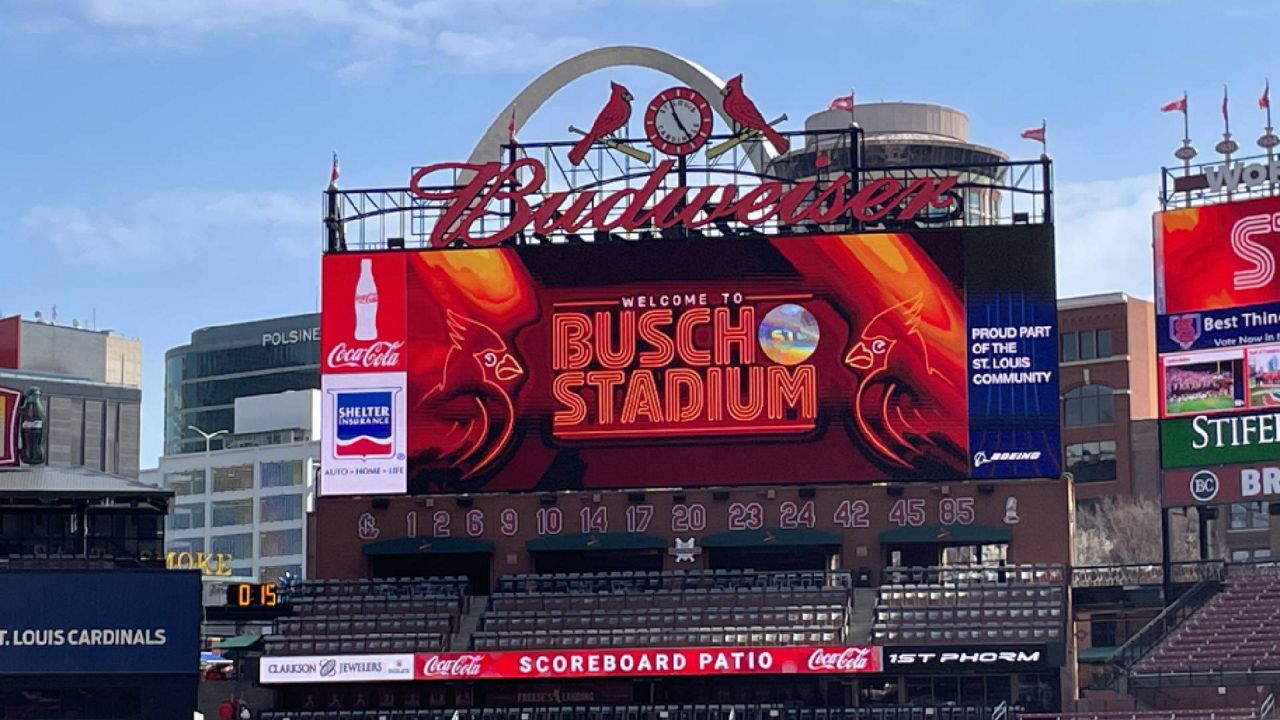 The video scoreboard at Busch Stadium in St. Louis, Mo. on March 30, 2023. (Spectrum News/Gregg Palermo)