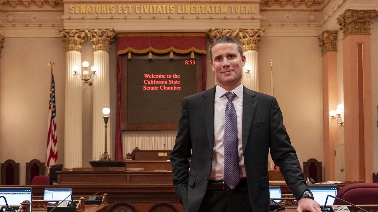 State Senate President Pro Tempore Designate Mike McGuire, of Healdsburg, poses in the state Senate Chambers in Sacramento, Calif., Thursday, Jan. 25, 2024. (AP Photo/Rich Pedroncelli)