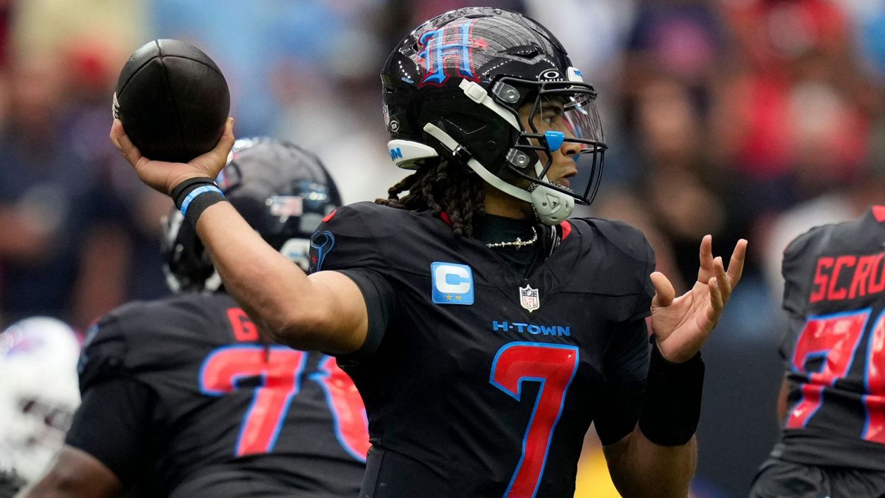 Houston Texans quarterback C.J. Stroud (7) throws a pass during the first half of an NFL football game against the Buffalo Bills, Sunday, Oct. 6, 2024, in Houston. (AP Photo/Eric Gay)