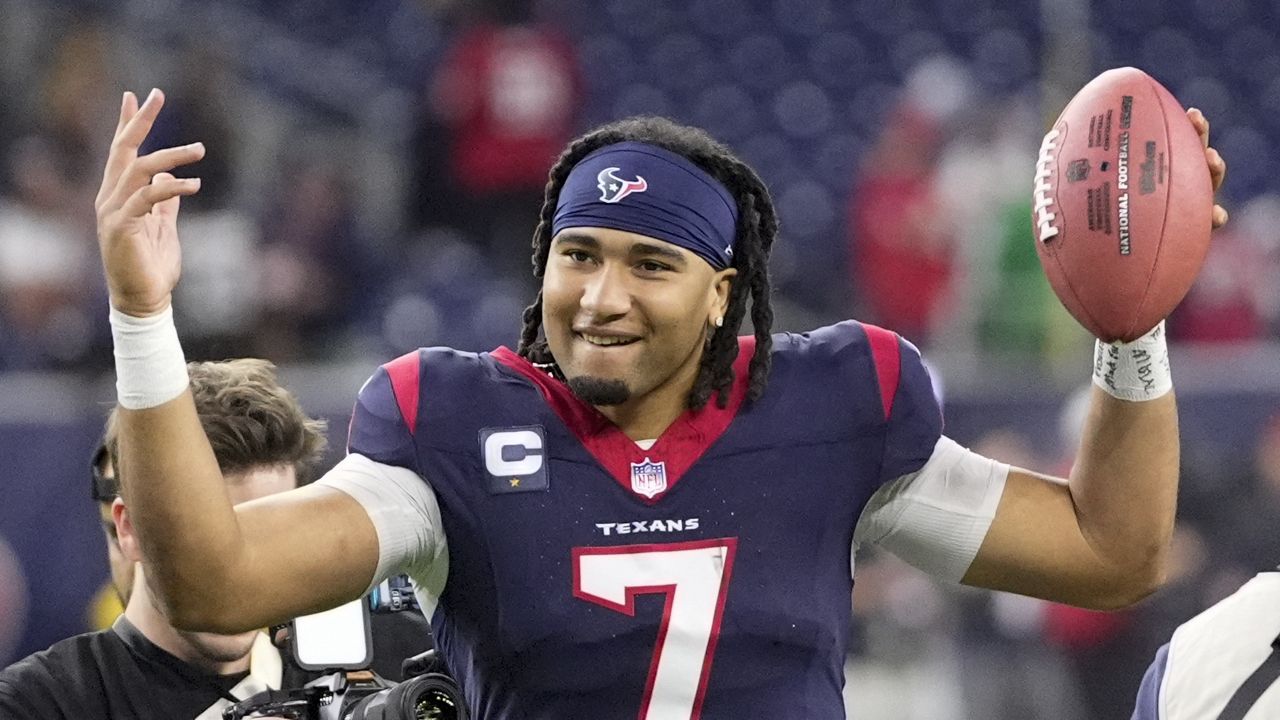 Houston Texans quarterback C.J. Stroud celebrates after their win against the Cleveland Browns in an NFL wild-card playoff football game Saturday, Jan. 13, 2024, in Houston. (AP Photo/David J. Phillip)