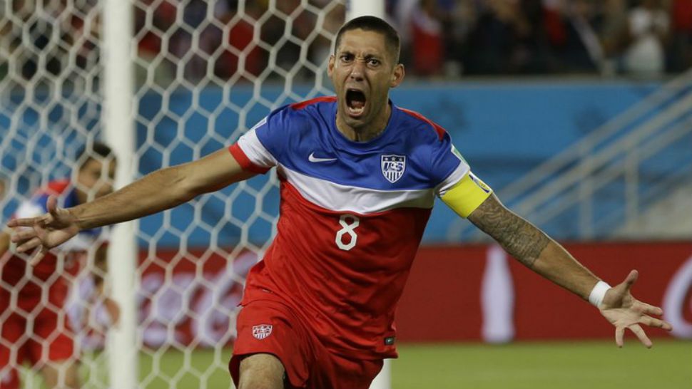 FILE - In this June 16, 2014, file photo, United States’ Clint Dempsey celebrates after scoring the opening goal during the group G World Cup soccer match between Ghana and the United States at the Arena das Dunas in Natal, Brazil. Former U.S. national team captain and Seattle Sounders striker Clint Dempsey has announced his retirement, effective immediately. In a statement issued Wednesday, Aug. 29, 2018, by the Sounders, the 35-year-old Dempsey said he believes it’s the right time to step away from the game. (AP Photo/Ricardo Mazalan)