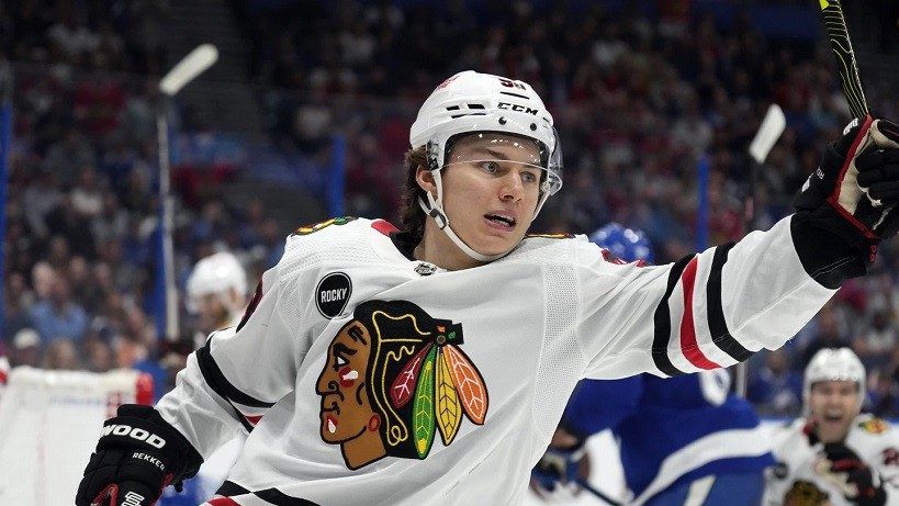 Chicago Blackhawks center Connor Bedard celebrates after scoring against the Tampa Bay Lightning during the first period on Thursday night.