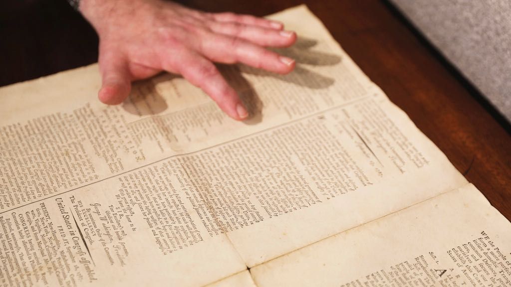 An 1787 copy of the U.S. Constitution that will be put up for auction on Sept. 28, 2024, is shown at Brunk Auctions in Asheville, North Carolina, on Thursday, Sept. 5.  (AP Photo/Jeffrey Collins)