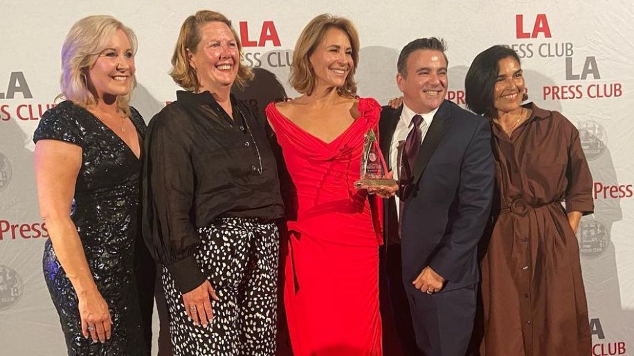 Spectrum News VP of Programming & Talent Development Cater Lee, Senior News Director Lindy Feeney, anchor Giselle Fernandez, Senior Executive Producer George Davilas and Executive Producer Diana Romo at Sunday night's SoCal Journalism Awards Gala in Los Angeles. (Spectrum News)