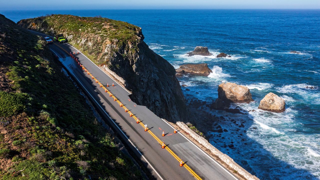 A break in the southbound lane of Highway 1 at Rocky Creek Bridge in Big Sur, Calif., Monday, April 1, 2024. (AP Photo/Nic Coury)