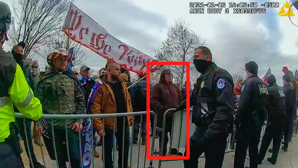 In this image from U.S. Capitol Police video, released and annotated by the Justice Department in the sentencing memorandum, Patrick McCaughey III, appears on police body-worn camera footage at the U.S. Capitol on Jan. 6, 2021, in Washington. (Justice Department via AP)