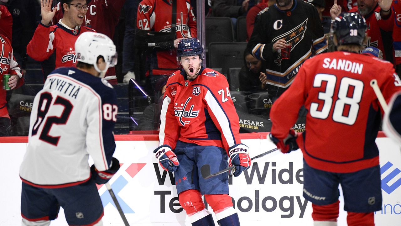 Washington Capitals center Connor McMichael (24) celebrates his goal during the first period of an NHL hockey game against the Columbus Blue Jackets, Saturday, Nov. 2, 2024, in Washington. (AP Photo/Nick Wass)