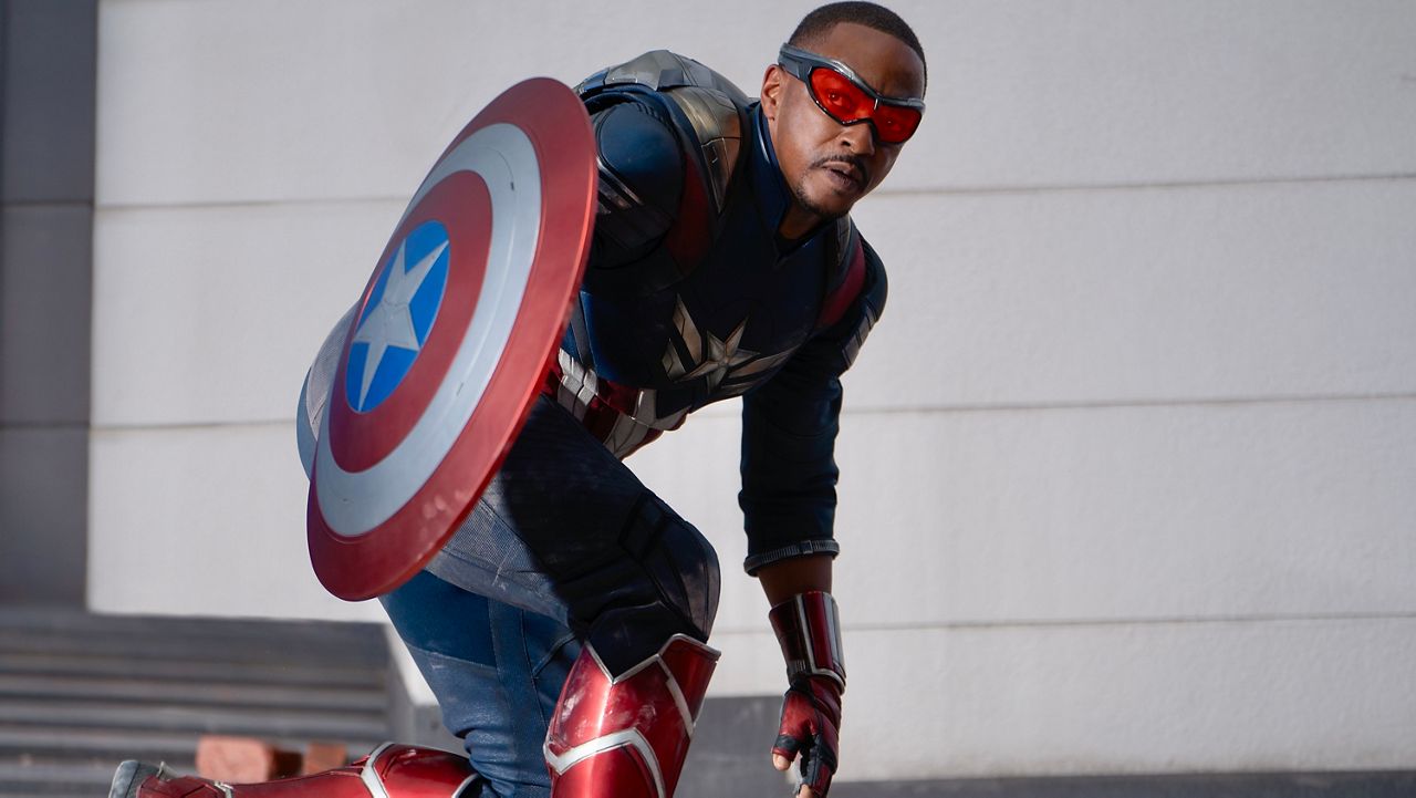 This image released by Disney shows Anthony Mackie in a scene from Marvel Studios' "Captain America: Brave New World."  (Eli Adé/Marvel Studios-Disney via AP)