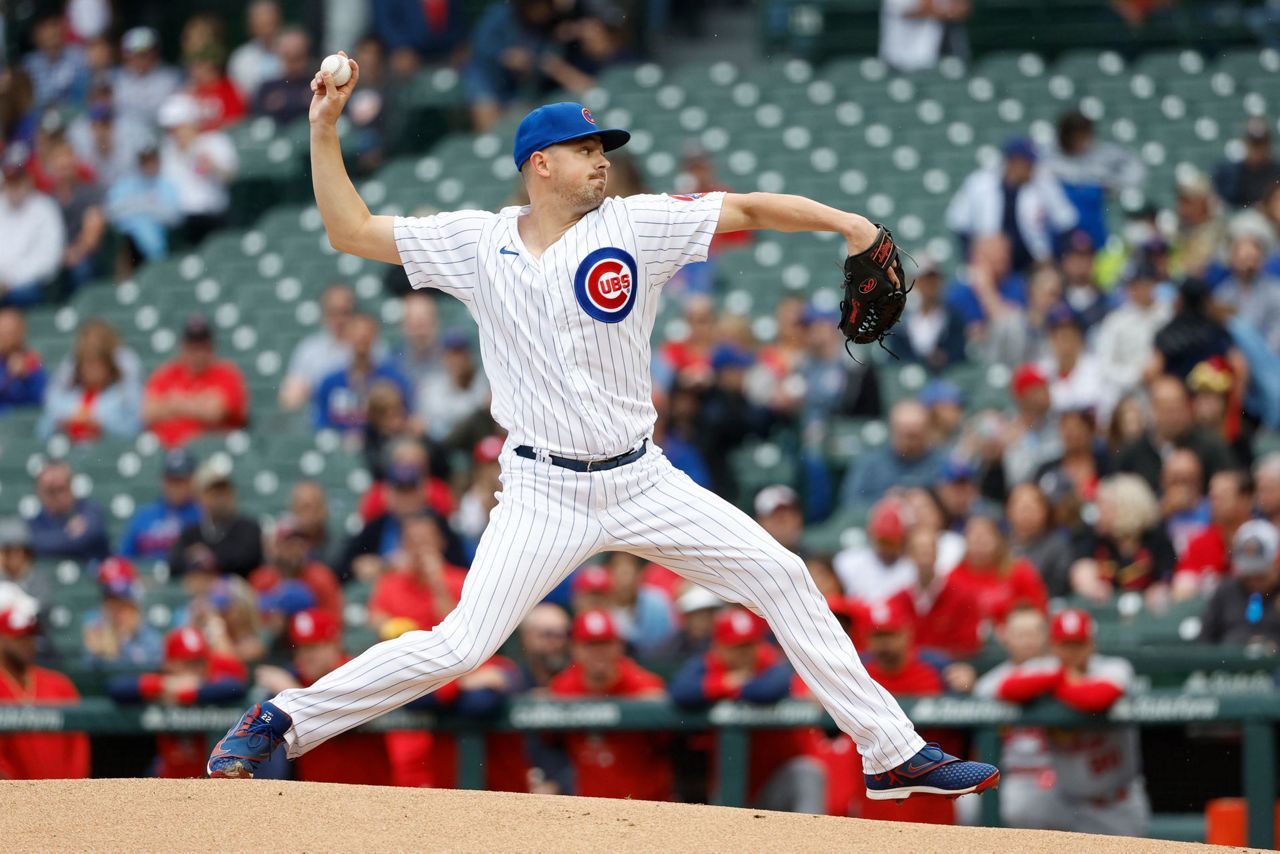 Chicago Cubs' Rafael Ortega hits an RBI single during the eighth