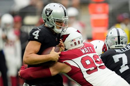 Las Vegas Raiders linebacker Jayon Brown (50) celebrates during the first  half of an NFL football game against the Arizona Cardinals Sunday, Sept.  18, 2022, in Las Vegas. (AP Photo/John Locher Stock