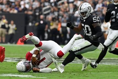 Las Vegas Raiders linebacker Jayon Brown (50) celebrates during the first  half of an NFL football game against the Arizona Cardinals Sunday, Sept.  18, 2022, in Las Vegas. (AP Photo/John Locher Stock