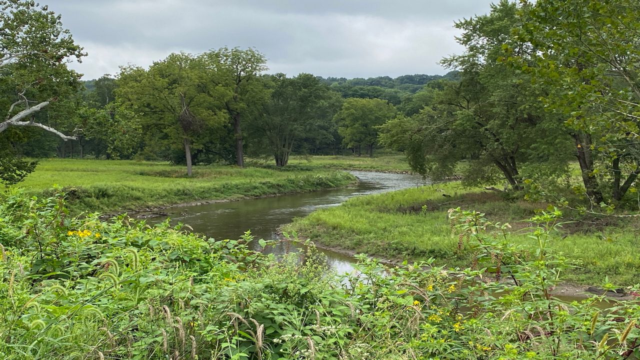 a river winding thorough a green area